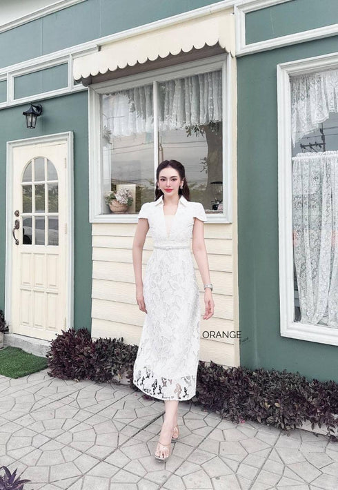 High Quality Collar Down Short Sleeves Lacey Dress